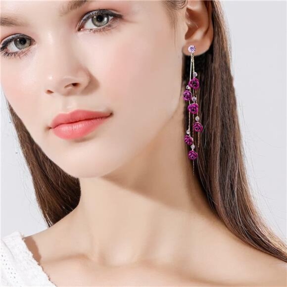 3D Rose Flower Crystal Long Tassel Drop Earrings - Picture 6 of 6